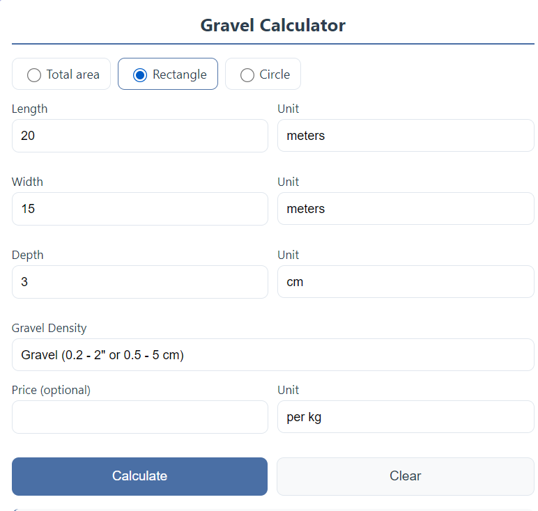 Welcome to our Gravel Calculator, your go-to tool for quickly and precisely determining the amount of gravel needed for any project. Whether you’re planning a driveway, garden path, landscaping area, or construction base, this free calculator helps you avoid the guesswork.
